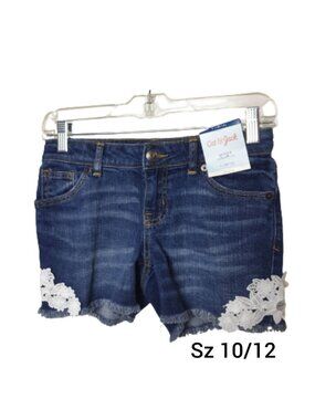 Cat & Jack Girls Denim Shorts L Stretch White Lace Adjustable School 10/12 NEW